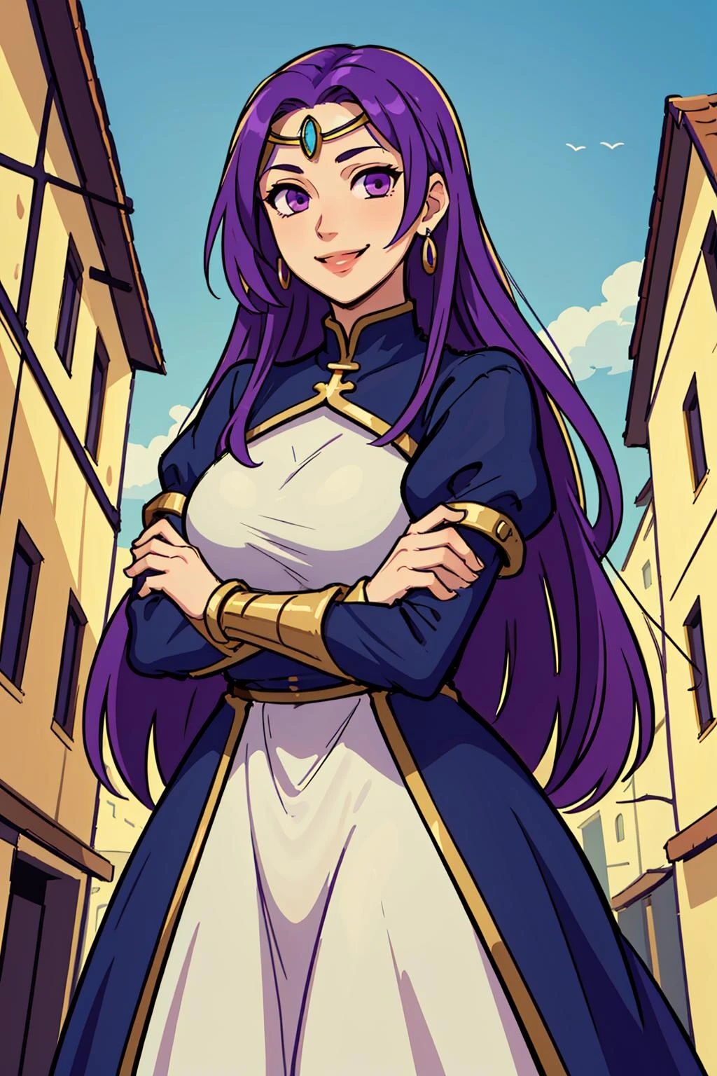 (masterpiece,best quality),1girl,eleanorafe,standing,facing viewer,purple hair,purple eyes,dress,long hair,jewelry,circlet,smiling,crossed arms,in medieval town, <lora:last:0.6>