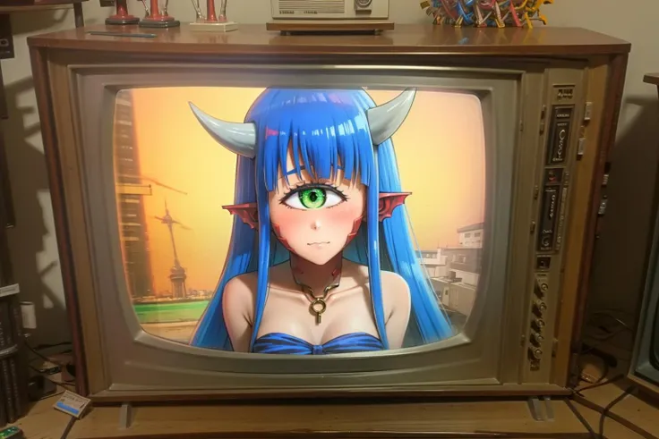 1girl, solo, cowboy shot, blue hair, scales on neck, pointy ears, cyclops, green eyes, horns, :3, crt, on screen, PhilipsX25K121
<lora:cacochan_v1-000011:1> <lora:crttv_v04-32rank:1>