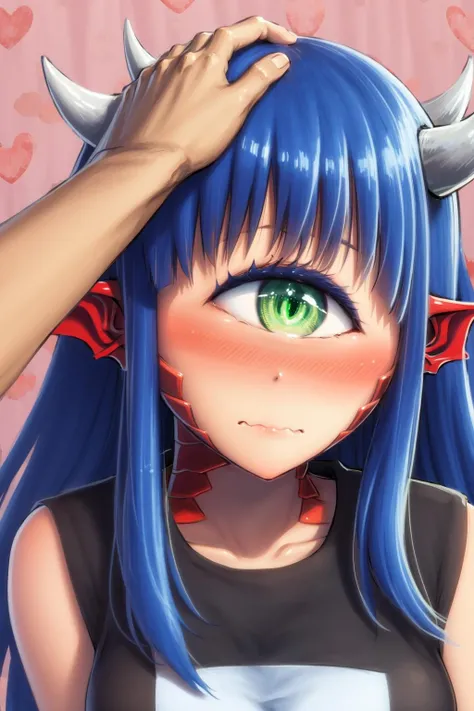 scales on neck, blue hair, pointy ears, cyclops, 1girl, solo, blush, green eyes, heart, horns, solo focus, embarrassed, wavy mouth, heart background, headpatpov
<lora:cacochan_v1-000011:1> <lora:HeadpatPOV:1>