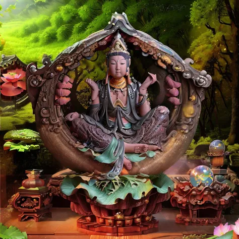 (Guanyin sits on a lotus seat sealed Inside crystal ball pedestal with Chinese temples scattered among the beautiful and peaceful forest in the distance :1.5), waterfall cascading into a lake or stream in the background, mountains and briliant small lake in the background, Lotus in the foreground, Clear and distinct fingers, clear and distinct toes, clear and distinct facial features,jewelry, leaf, lily flower, lily_pad, necklace, plant, solo, trail, cherry blossom, the sun's rays, sparkly ripples, wind ripples, hyper hight detailed, real photo, intricate details, perfect composition, beautiful detailed intricate, 8 k photography, photorealistic, masterpiece, Photo-realistic, Image enhancement,Image post-processing,Image retouching