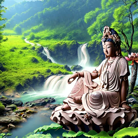 Guanyin sitting on a lotus flower seat, Guanyin Bodhisattva, Avalokitesvara, Chinese temples scattered in the forest not far away, waterfall cascading into a lake or stream in the background, mountains and briliant small lake in the background, Lotus in the foreground, Clear and distinct fingers, clear and distinct toes, clear and distinct facial features,jewelry, leaf, lily flower, lily_pad, necklace, plant, solo, chinese temple, path, cherry blossom, sharp focus, the sun's rays, sparkly ripples, wind ripples, hyper hight detailed, real photo, intricate details, perfect composition, beautiful detailed intricate, 8 k photography, photorealistic, masterpiece, Photo-realistic, Image enhancement,Image post-processing,Image retouching