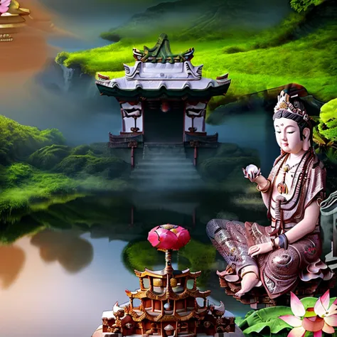 (crystal ball on a Guanyin sits on a lotus pedestal with Chinese temple :1.5), Chinese temples scattered among the beautiful and peaceful forest in the distance, waterfall cascading into a lake or stream in the background, mountains and briliant small lake in the background, Lotus in the foreground, Clear and distinct fingers, clear and distinct toes, clear and distinct facial features,jewelry, leaf, lily flower, lily_pad, necklace, plant, solo, trail, cherry blossom, the sun's rays, sparkly ripples, wind ripples, hyper hight detailed, real photo, intricate details, perfect composition, beautiful detailed intricate, 8 k photography, photorealistic, masterpiece, Photo-realistic, Image enhancement,Image post-processing,Image retouching