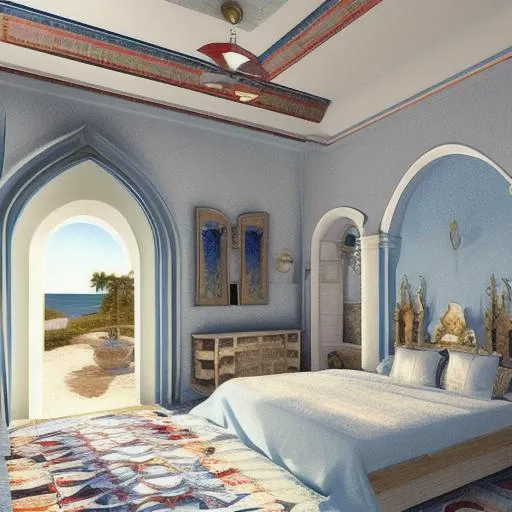 Bedroom, Mediterranean style <lora:mediterranean style bed room_2:1>