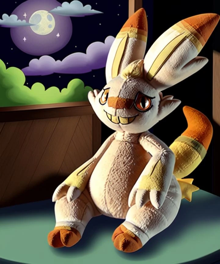 <lora:Banette_v1:1> felt/fabric skin, night, (completely nude), creature (pokemon), thick thighs, sitting, smile/grin, rough skin, plush <lora:Scorbunny-08:1> scorbunny,