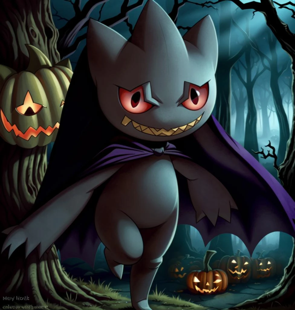 <lora:Banette_v1:0.9> banette, haunted forest, dramatic lighting, glowing eyes, rough skin, smile/grin, cartoon/anime, halloween, vampire cape, (short/tiny height), (insanely detailed, beautiful detailed face, beautiful detailed eyes, masterpiece, best quality)
