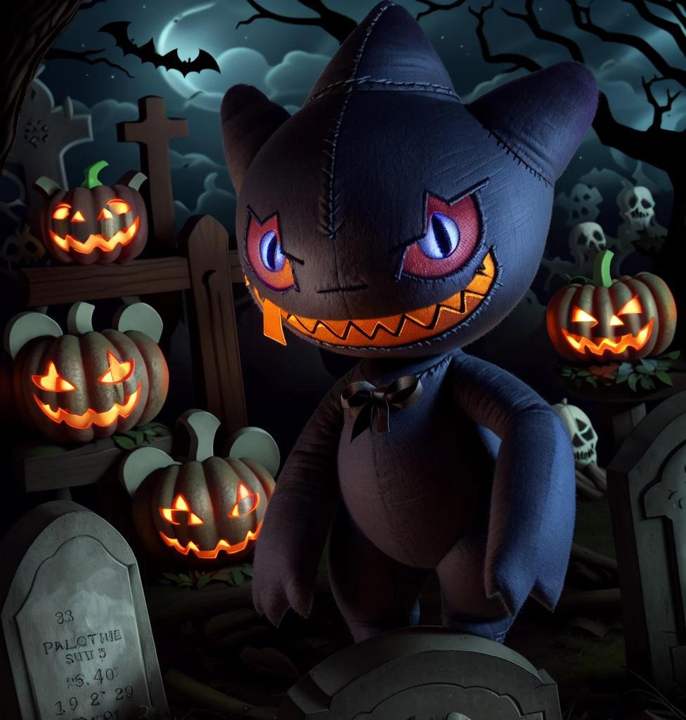 <lora:aaBanette3-10:0.9> banette, haunted forest, dramatic lighting, glowing eyes, rough skin, smile/grin, (short/tiny height), graveyard, halloween,
crafted, plush, patches/stitches on skin, fabric/felt skin,
(insanely detailed, beautiful detailed face, beautiful detailed eyes, masterpiece, best quality)