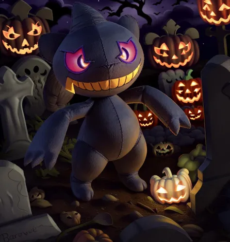 <lora:Banette_v1:1> banette, dramatic lighting, glowing eyes, rough skin, smile/grin,  (short/tiny height), graveyard, halloween, 
crafted, plush, patches/stitches on skin, fabric/felt skin, stuck in ground, 
(insanely detailed, beautiful detailed eyes, masterpiece, best quality)