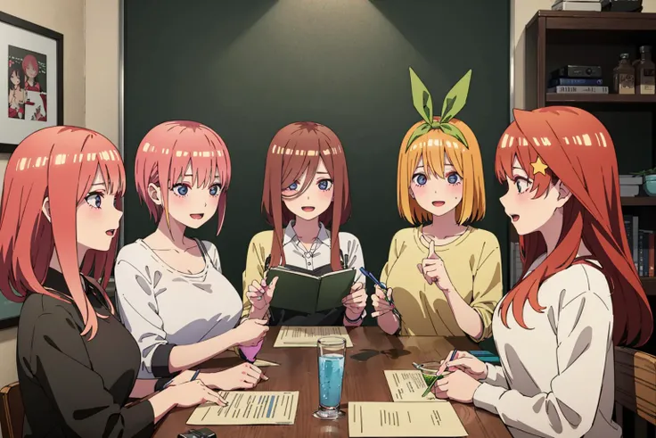 <lora:Quints:0.7>,
indoors,
5girls,
full body,looking at viewer,smile,
ADDBASE,
5girls,
(Nino:1.2),pink hair,butterfly hair ornament,
ADDCOL,
5girls,
(Ichika:1.2),pink hair,short hair,big breasts,
ADDCOL,
5girls,
(Miku:1.2),brown hair,long hair,
ADDCOL,
5girls,
(Yotsuba:1.2),short hair,yellow hair,green hair ribbon,
ADDCOL,
5girls,
(Itsuki:1.2),red hair,star hair ornament,long hair,
