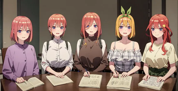 <lora:Quints:0.7>,
indoors,
5girls,
full body,looking at viewer,smile,
ADDBASE,
5girls,
Nino,pink hair,butterfly hair ornament,
ADDCOL,
5girls,
Ichika,pink hair,short hair,big breasts,
ADDCOL,
5girls,
Miku,brown hair,long hair,
ADDCOL,
5girls,
Yotsuba,short hair,yellow hair,green hair ribbon,
ADDCOL,
5girls,
Itsuki,red hair,star hair ornament,long hair,