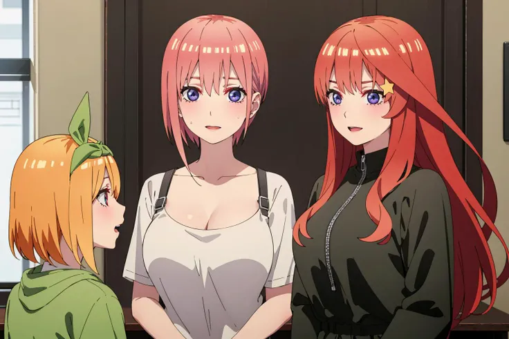 <lora:Quints:0.7>,
indoors,
3girls,
looking at viewer,smile,
ADDBASE,
3girls,
(Yotsuba:1.2),short hair,yellow hair,green hair ribbon,
ADDCOL,
3girls,
(Ichika:1.2),pink hair,short hair,big breasts,
ADDCOL,
3girls,
(Itsuki:1.2),red hair,star hair ornament,long hair,
