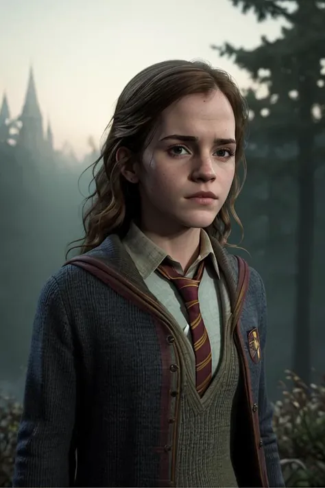 dld_hergra, dressed, Hogwarts school uniform, Hogwarts, full body, from front, realistic, 3d, solo, dark dense forest, wind, fog, night, natural skin texture, 24mm, soft cinematic light, adobe lightroom, photolab, hdr, intricate, elegant, highly detailed, sharp focus, ((((cinematic look)))), soothing tones, (((insane details, intricate details, hyperdetailed,4k textures))), low contrast, soft cinematic light, dim colors, exposure blend, hdr, faded, (Style-Renaissance:0.4), <lora:hogwartsUniformsFour_hoguuni:0.4>, hogrobe, black robe, red tie, gryffindor,<lora:breastinclassBetter_v14:0.3>, <lora:hipoly3DModelLora_v20:0.5>,<lora:epiNoiseoffset_v2:0.3>