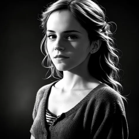 Photorealistic, masterpiece grayscale photo, (Emma Watson) with long hair and poor tattered clothes, cute sexy, (detailed medieval background), ultra sharp focus, detailed face, (((posing))), random hair color, short hair, beautiful eyes, with face of Ane de Armas, full body, high quality black and white image