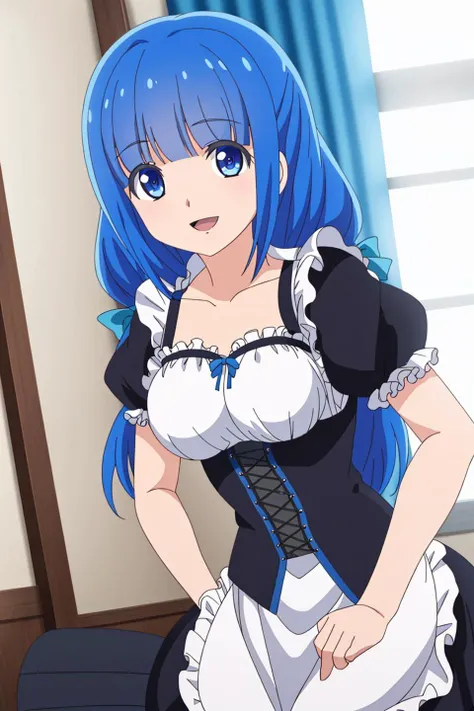 mariana, anime, 1girl, solo, long_hair, breasts, looking_at_viewer, smile, open_mouth, bangs, blue_eyes, bow, twintails, medium_breasts, blue_hair, collarbone, upper_body, short_sleeves, hair_bow, frills, blunt_bangs, apron, maid, window, blue_bow, curtains, corset