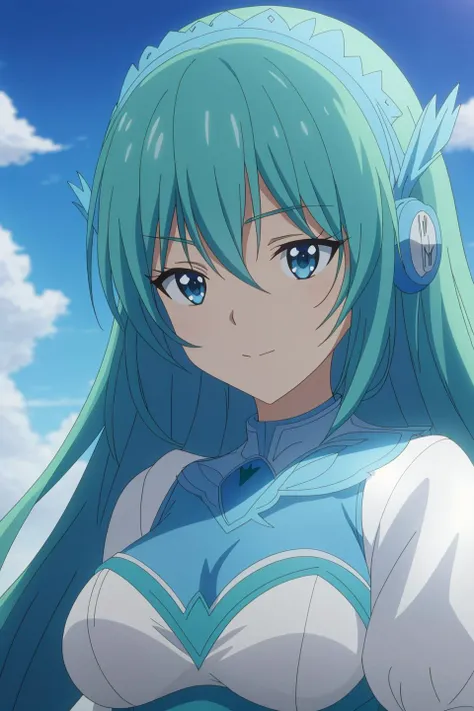 alfina, anime, 1girl, solo, long_hair, blue_eyes, green_hair, sky, cloud, armor