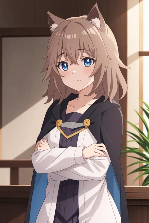 hinata, anime, 1girl, solo, looking_at_viewer, bangs, blue_eyes, brown_hair, long_sleeves, hair_between_eyes, closed_mouth, collarbone, upper_body, cape, crossed_arms