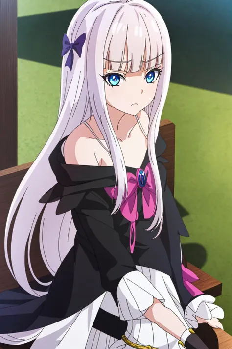 mira, anime, 1girl, solo, long_hair, looking_at_viewer, bangs, blue_eyes, dress, bow, bare_shoulders, collarbone, white_hair, blunt_bangs, frown, black_background
