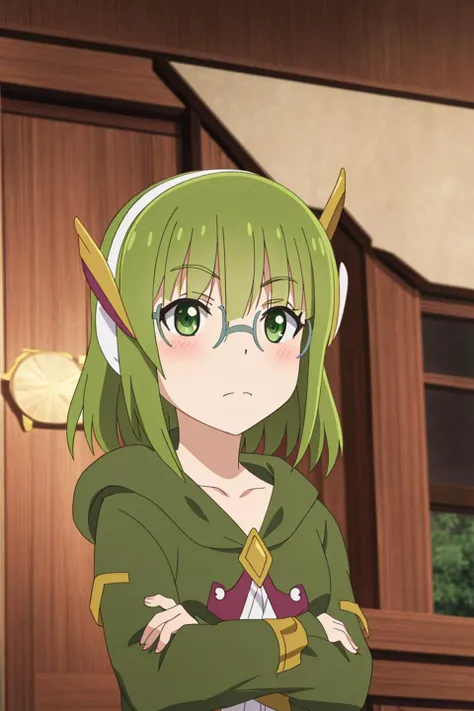 flicker, anime, 1girl, solo, looking_at_viewer, blush, bangs, closed_mouth, green_eyes, hairband, green_hair, glasses, v-shaped_eyebrows, frown, parody, close-up, rimless_eyewear