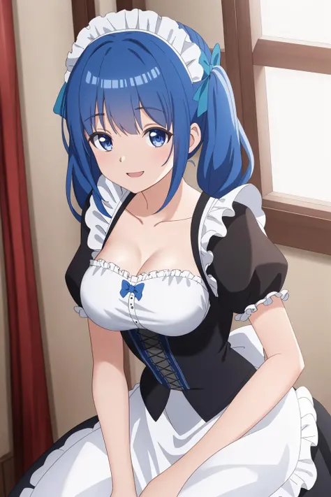 mariana, anime, 1girl, solo, long_hair, breasts, looking_at_viewer, smile, open_mouth, bangs, blue_eyes, bow, twintails, medium_breasts, blue_hair, collarbone, upper_body, short_sleeves, hair_bow, frills, blunt_bangs, apron, maid, window, blue_bow, curtains, corset