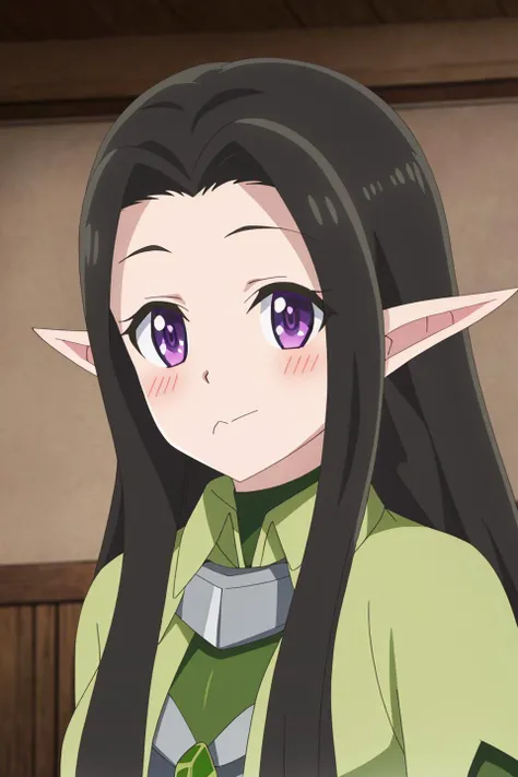 emera, anime, 1girl, solo, long_hair, blush, black_hair, closed_mouth, purple_eyes, upper_body, pointy_ears, forehead