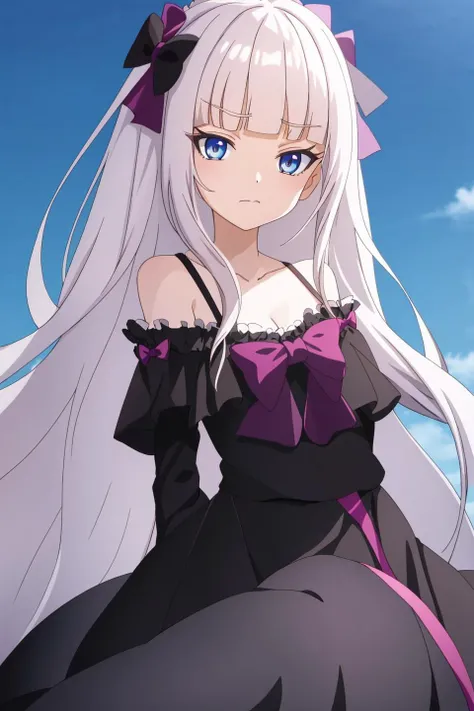 mira, anime, 1girl, solo, long_hair, looking_at_viewer, bangs, blue_eyes, dress, bow, bare_shoulders, collarbone, white_hair, blunt_bangs, frown, black_background