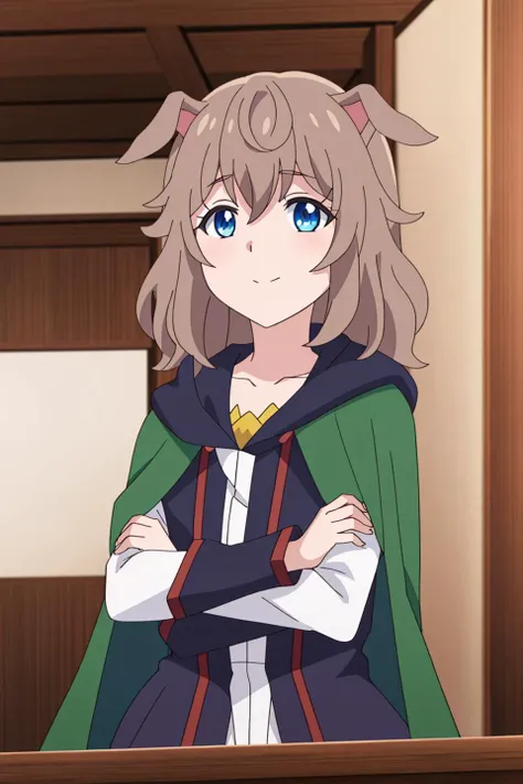 hinata, anime, 1girl, solo, looking_at_viewer, bangs, blue_eyes, brown_hair, long_sleeves, hair_between_eyes, closed_mouth, collarbone, upper_body, cape, crossed_arms