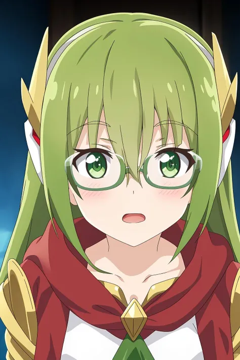 flicker, 1girl, solo, long_hair, looking_at_viewer, blush, open_mouth, bangs, hair_ornament, hair_between_eyes, green_eyes, collarbone, green_hair, glasses, headgear, android, robot_ears