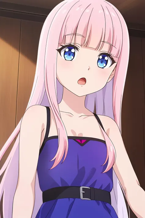 Himari Meimei, masterpiece, Voluptuous thighs, petit body, ************ girl, flat chest, {1 Girl}, Cute and erotic smile, Highly detailed sparkling blue purple eyes, summer night, 困り眉, brilliant pink hair, completely nude, nsfw, squatting, I can watch her childish pink vagina, low-angled