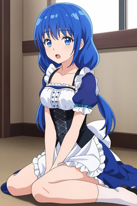 Blue long-haired maid,fullnude,A girl is having sex with a guy,Female genitals,Rape
