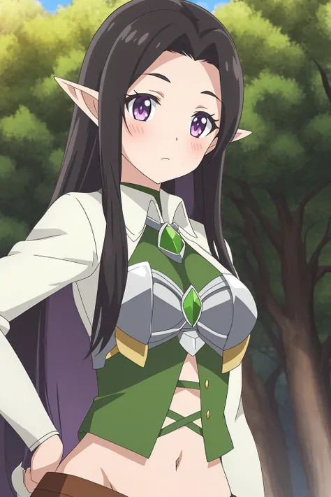 emera, 1girl, solo, brests, long_hair, looking_at_viewer, blush, black_hair, medium_breasts, navel, purple_eyes, upper_body, pointy_ears, midriff, armor, tree, elf, forehead, outdoor