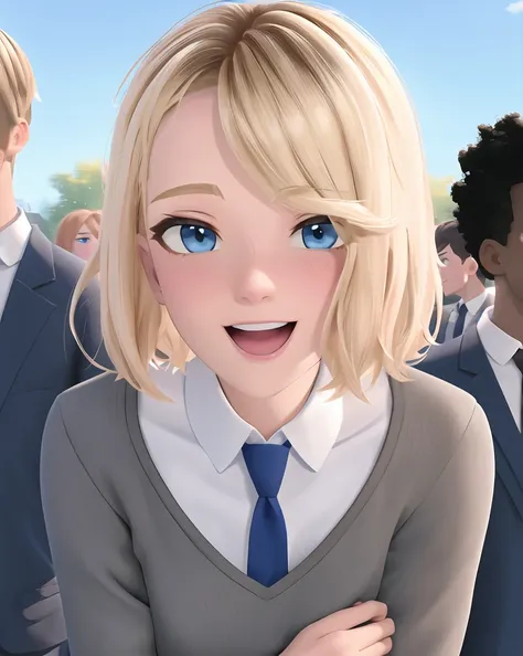 spiderverse style, blonde hair, blue eyes, necktie, multiple girls, school uniform, short hair, sweater, multiple boys, 1girl, female focus, shirt, open mouth, looking at viewer, smile, outdoors, ((masterpiece)) <lora:spiderverse_style_offset:1>