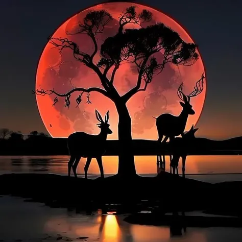 silhouette,branch, no humans, full moon, tree, horse, solo, sky, red moon, branch, bare tree,deer,Deer drinks water <lora:mood-000004:0.8>
