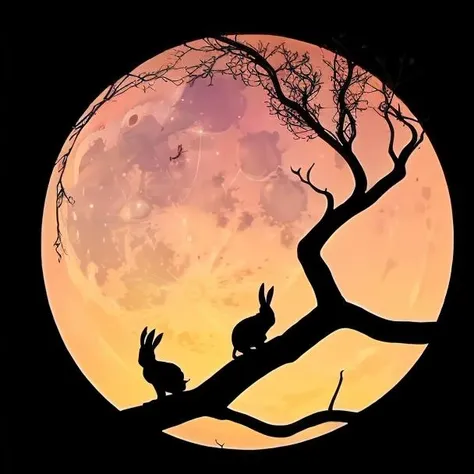 silhouette,branch, tree, bird, moon, sky, no humans, rabbit, rabbit ears, star \(sky\), full moon, sun, solo <lora:mood-000004:1>