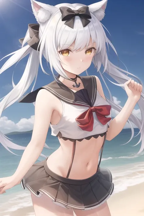 masterpiece,best quality,yukikaze\(azurlane\),white hair,hair bow,navel,sleeveless shirt,sailor collar,miniskirt,arm ribbon,noon seaside background,standing
