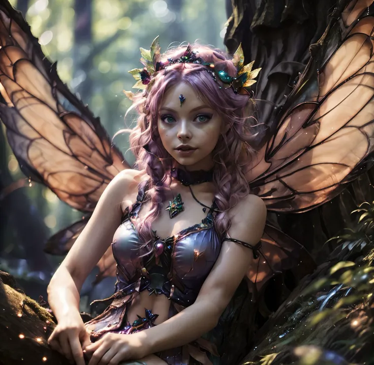 A fairy with curly pink hair, pale skin tone, blue eyes, In a black dress, dark fantasy character design, Epic exquisite character art, dark fantasy art, with the appearance of Freya Allan, dark fairy full view, amazing character of art. Dragonfly wings,