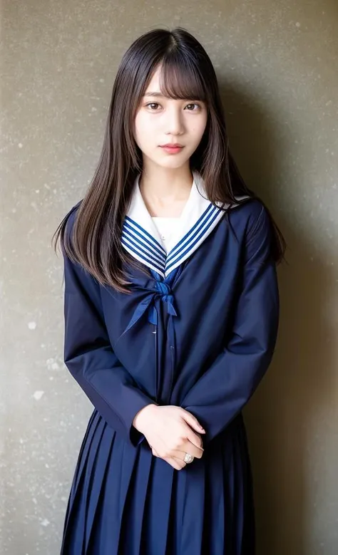 kosakana, girl, photorealistic, RAW photo, best quality, (perfect anatomy), (looking at viewer:1.2), (Depth of field:0.6), (standing), (on room. simple background), 18yo, (child:0.2), (flat chest:0.7), stunning face, full body, (wearing dark blue Japanese school uniform, dark blue long skirt:1.25), (skinny body:0.2), (brown straight medium hair), (freckles, mole:0.7), lighting the subject, fair skin, <lora:add_detail:0.4>, <lora:kosakana_v.1.3_202310010535-000009:0.9>