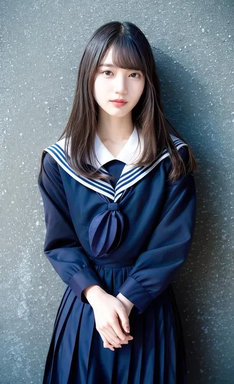 kosakana, girl, photorealistic, RAW photo, best quality, (perfect anatomy), (looking at viewer:1.2), (Depth of field:0.6), standing, (on room. white background), 18yo, (child:0.2), (flat chest:0.7), stunning face, full body, (wearing dark blue Japanese school uniform, dark blue long skirt:1.25), (skinny body:0.2), thick thighs, (brown straight medium hair), (freckles, mole:0.7), lighting the subject, fair skin, <lora:add_detail:0.4>, <lora:kosakana_v.1.3_202310010535-000009:0.9>