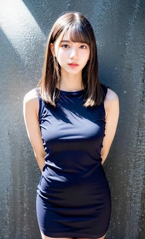 kosakana, girl, photorealistic, RAW photo, best quality, (perfect anatomy), (looking at viewer:1.2), (Depth of field:0.6), standing, (arms behind back:1.55), (on room. white background), , (child:0.4), (flat chest:0.7), stunning face, full body, (wearing dark blue sleeveless dress:1.25), (skinny body:0.5), thick thighs, (brown straight medium hair), (freckles, mole:0.7), lighting the subject, fair skin, <lora:add_detail:0.4>, <lora:kosakana_v.1.3_202310010535-000009:0.9>