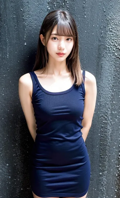 kosakana, girl, photorealistic, RAW photo, best quality, (perfect anatomy), (looking at viewer:1.2), (Depth of field:0.6), standing, (arms behind back:1.55), (on room. white background), , (child:0.4), (flat chest:0.7), stunning face, full body, (wearing dark blue sleeveless dress:1.25), (skinny body:0.3), thick thighs, (brown straight medium hair), (freckles, mole:0.7), lighting the subject, fair skin, <lora:add_detail:0.4>, <lora:kosakana_v.1.3_202310010535-000009:0.9>