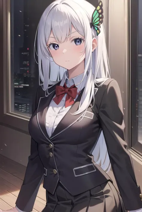 echidna, <lyco:echidna-lyco-nochekaiser:1>,
echidna, colored eyelashes, white hair, hair between eyes, long hair, straight hair, (black eyes:1.5),
BREAK alternate costume, black jacket, bow, bowtie, butterfly hair ornament, collared shirt, dress shirt, grey skirt, hair ornament, jacket, long sleeves, pleated skirt, red bow, red bowtie, school uniform, shirt, skirt, white shirt,
BREAK looking at viewer, full body,
BREAK indoors, classroom,
BREAK <lyco:GoodHands-beta2:1>, (masterpiece:1.2), best quality, high resolution, unity 8k wallpaper, (illustration:0.8), (beautiful detailed eyes:1.6), extremely detailed face, perfect lighting, extremely detailed CG, (perfect hands, perfect anatomy),