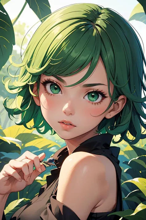 (masterpiece, best quality), 1girl,  <lora:tatsumaki by Goofy Ai:1> tatsumaki, green hair,green eyes,curly hair, short hair