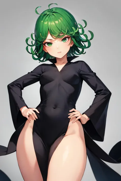 <lora:tatsumaki:1> tatsumaki, simple background, hand on hip, small breasts, closed mouth, 1girl, grey background, long sleeves, looking at viewer, solo, short hair, green hair, thighs, black dress, covered navel, green eyes, dress, curly hair