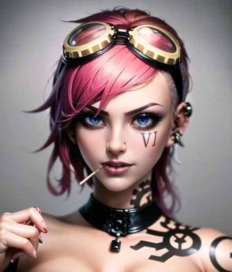 vi_tpa, 1girl, close-up, portrait, goggles on head, neck tattoo, food in mouth, lollipop, choker, simple background, highly detailed, absurdres, masterpiece, <lora:Vi Kangaxx:0.8>