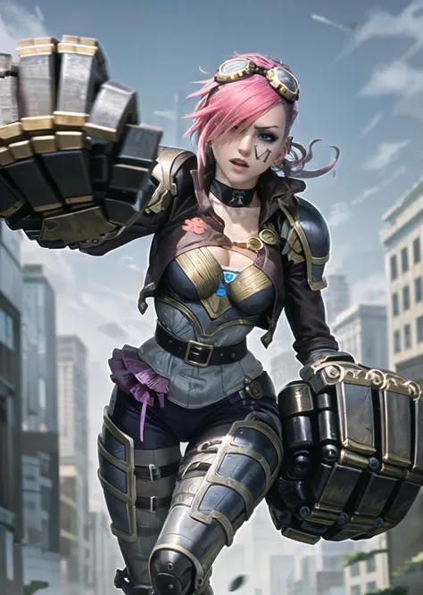 vi_tpa, 1girl, goggles on head, mechanical fists, shoulder armor, full armor, punching, incoming attack, grey background, hair over one eye, outdoors, building, choker, highly detailed, absurdres, masterpiece, <lora:Vi Kangaxx:0.8>