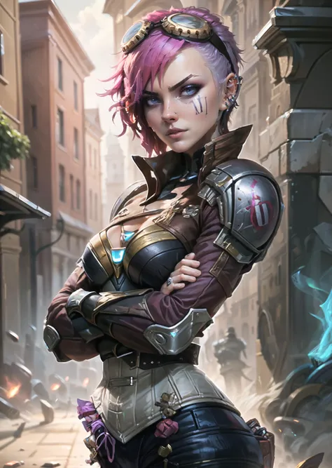 vi_tpa, 1girl, full armor, goggles on head, shoulder armor, ear piercing, crossed arms, from side, looking at viewer, outdoors, choker, highly detailed, absurdres, masterpiece, <lora:Vi Kangaxx:0.9>