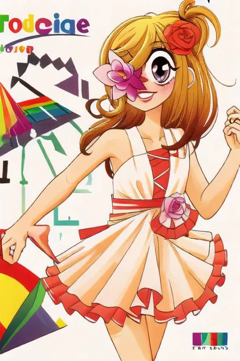 1girl, looney, flower eyepatch, design, prism, dress