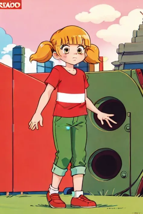 masterpiece, best quality, 1girl, penny, blonde hair, twintails, blunt bangs, flat chest, from below, red shirt, striped shirt, green pants, (reinforced knee:1.3), brown shoes, standing, Angkor ruins