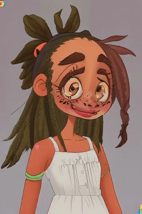 1girl, looney, impressionism, stupid_face, overprettified, blush, dark-skinned_female, freckles, dreads