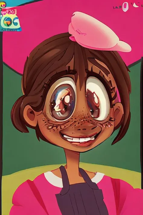 1girl, looney, impressionism, stupid_face, overprettified, blush, teeth, freckles, dark-skinned_female
