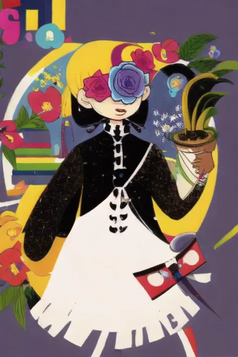 1girl, looney, flower eyepatch, design, prism, dress