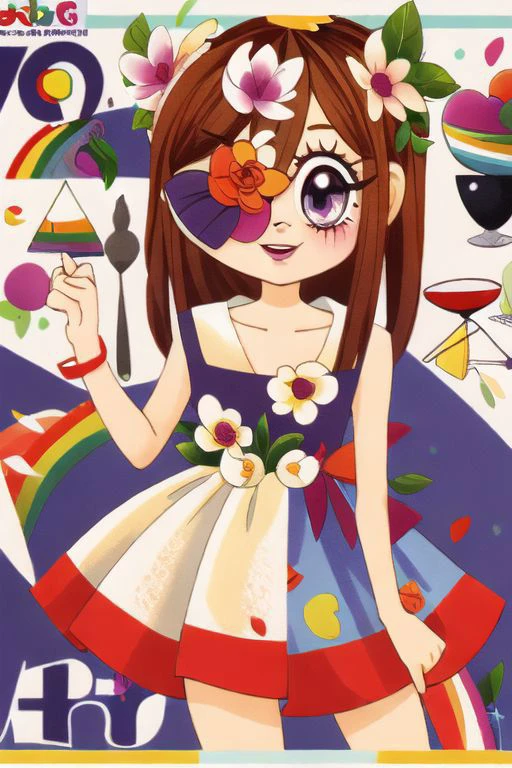 1girl, looney, flower eyepatch, design, prism, dress